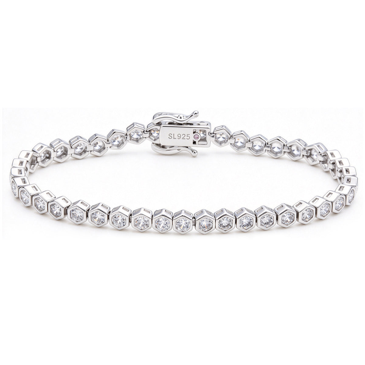 Suzy Levian Cubic Zirconia Sterling Silver Bezel Hexagon Set 7 inch Tennis Bracelet