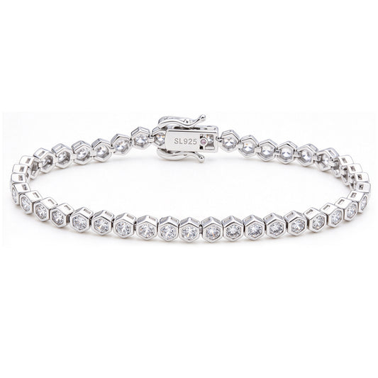 Suzy Levian Cubic Zirconia Sterling Silver Bezel Hexagon Set 7 inch Tennis Bracelet