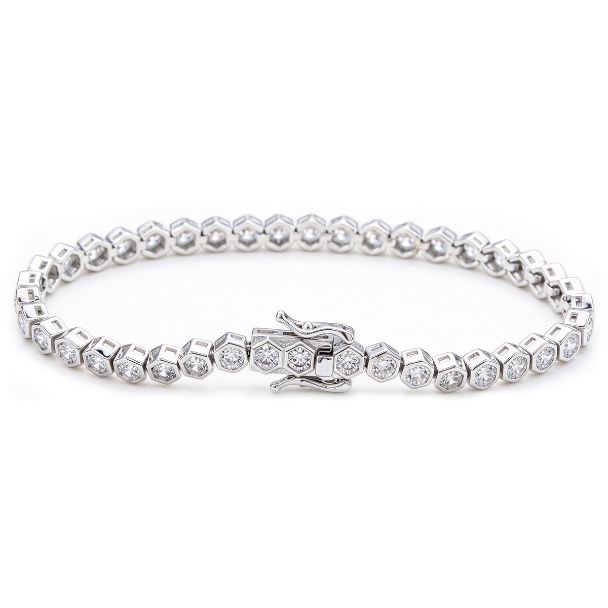 Suzy Levian Cubic Zirconia Sterling Silver Bezel Hexagon Set 7 inch Tennis Bracelet