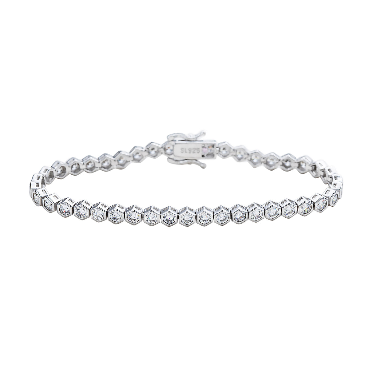 Suzy Levian Cubic Zirconia Sterling Silver Bezel Hexagon Set 7 inch Tennis Bracelet