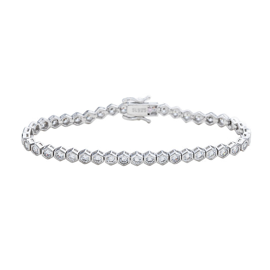 Suzy Levian Cubic Zirconia Sterling Silver Bezel Hexagon Set 7 inch Tennis Bracelet