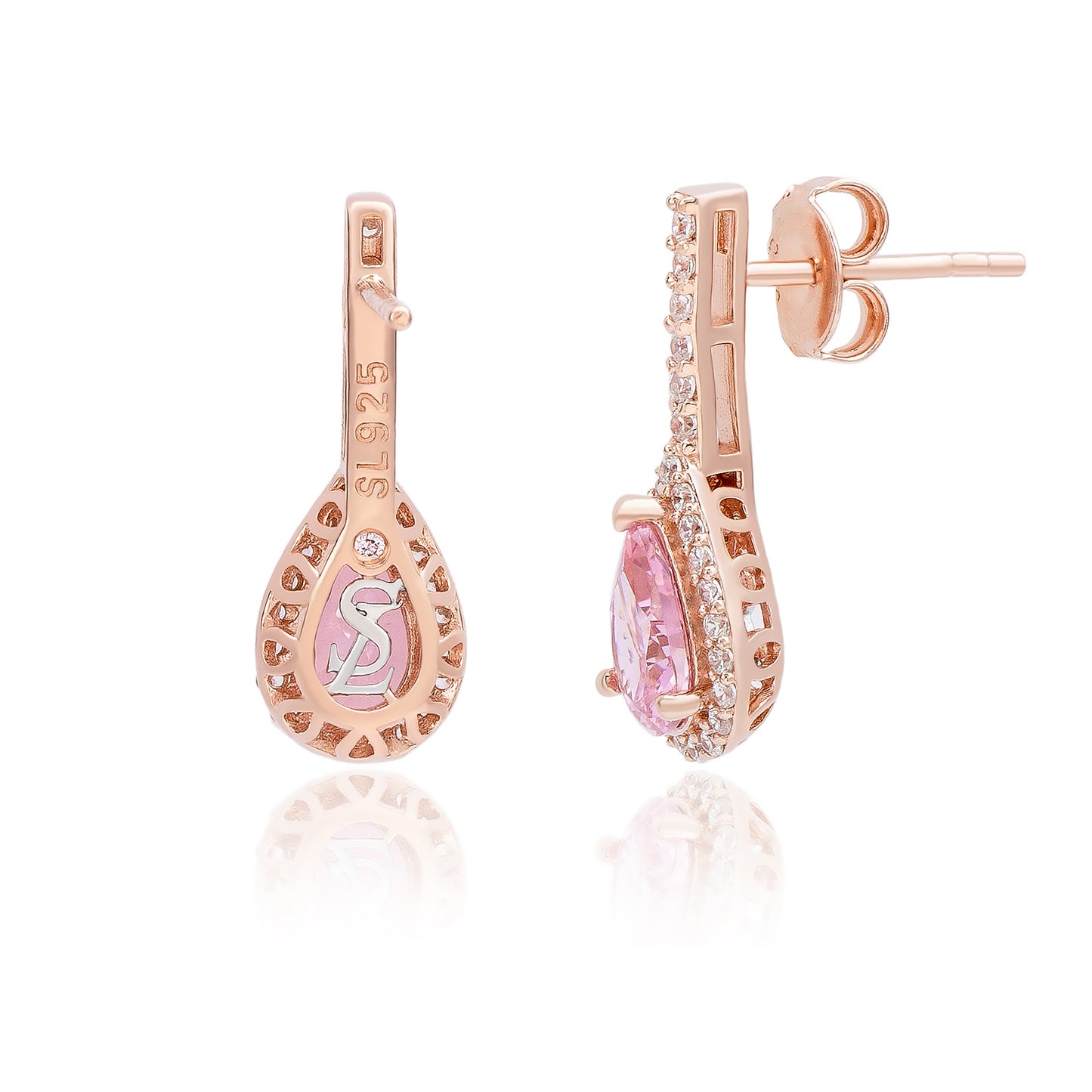 Suzy Levian Rose Sterling Silver Pear Shape Morganite Cubic Zirconia Drop Earrings