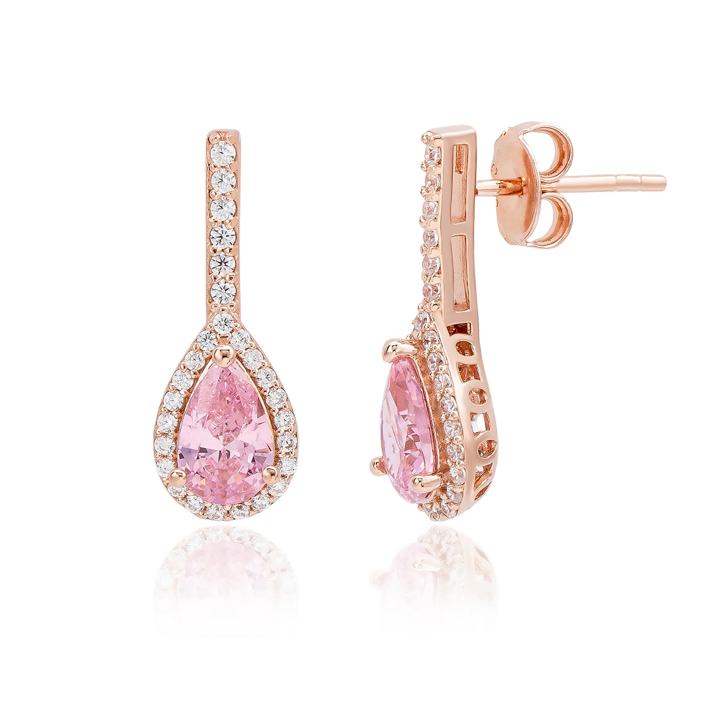 Suzy Levian Rose Sterling Silver Pear Shape Morganite Cubic Zirconia Drop Earrings