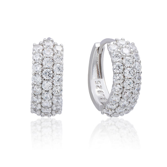 Suzy Levian Sterling Silver & White Cubic Zirconia Three Row Huggie Hoop Earrings