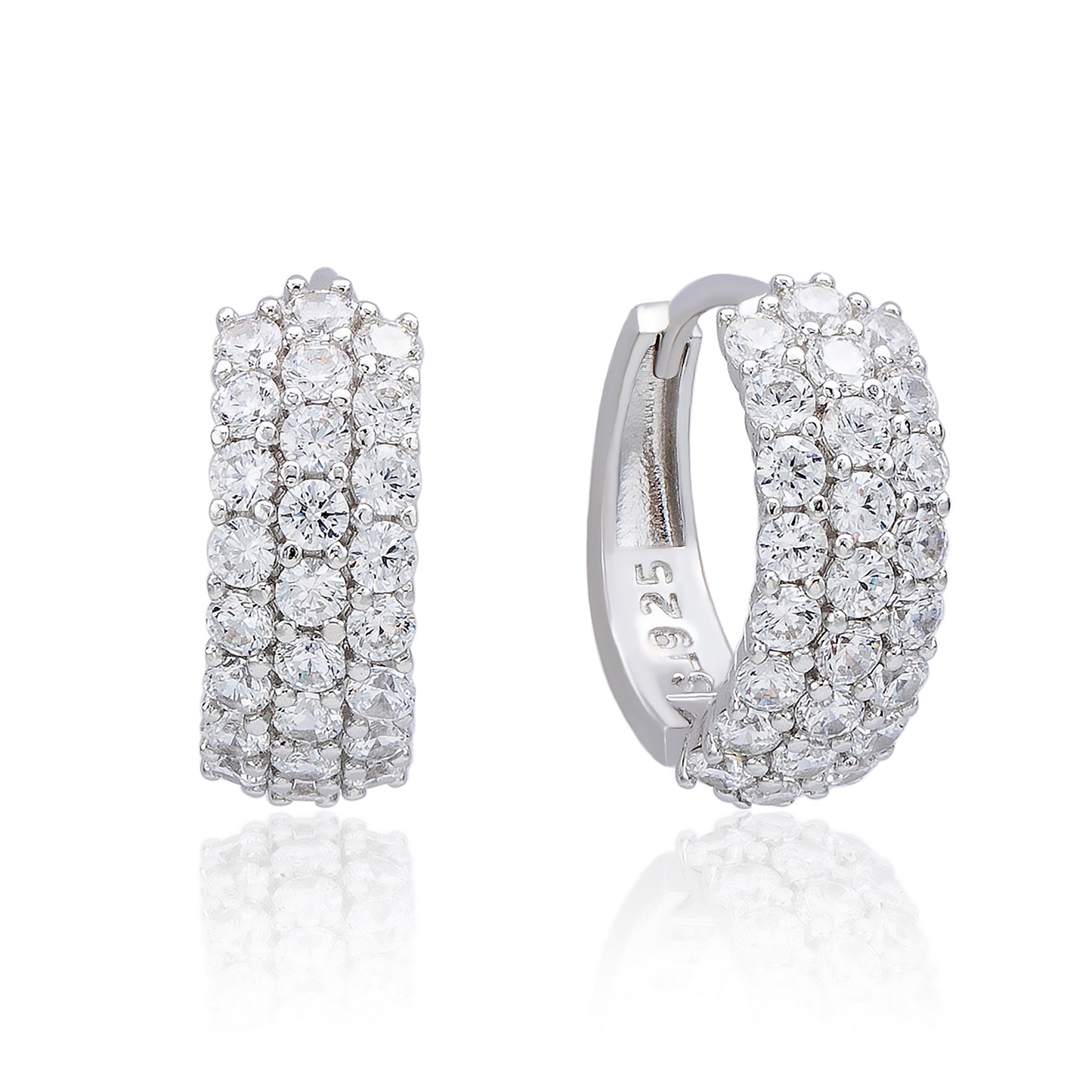 Suzy Levian Sterling Silver & White Cubic Zirconia Three Row Huggie Hoop Earrings