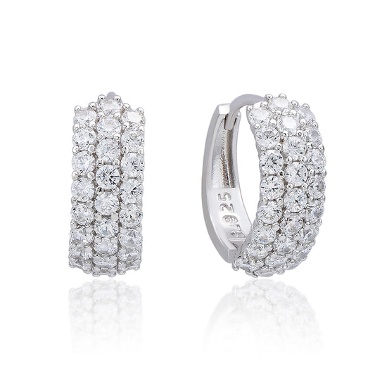 Suzy Levian Sterling Silver & White Cubic Zirconia Three Row Huggie Hoop Earrings