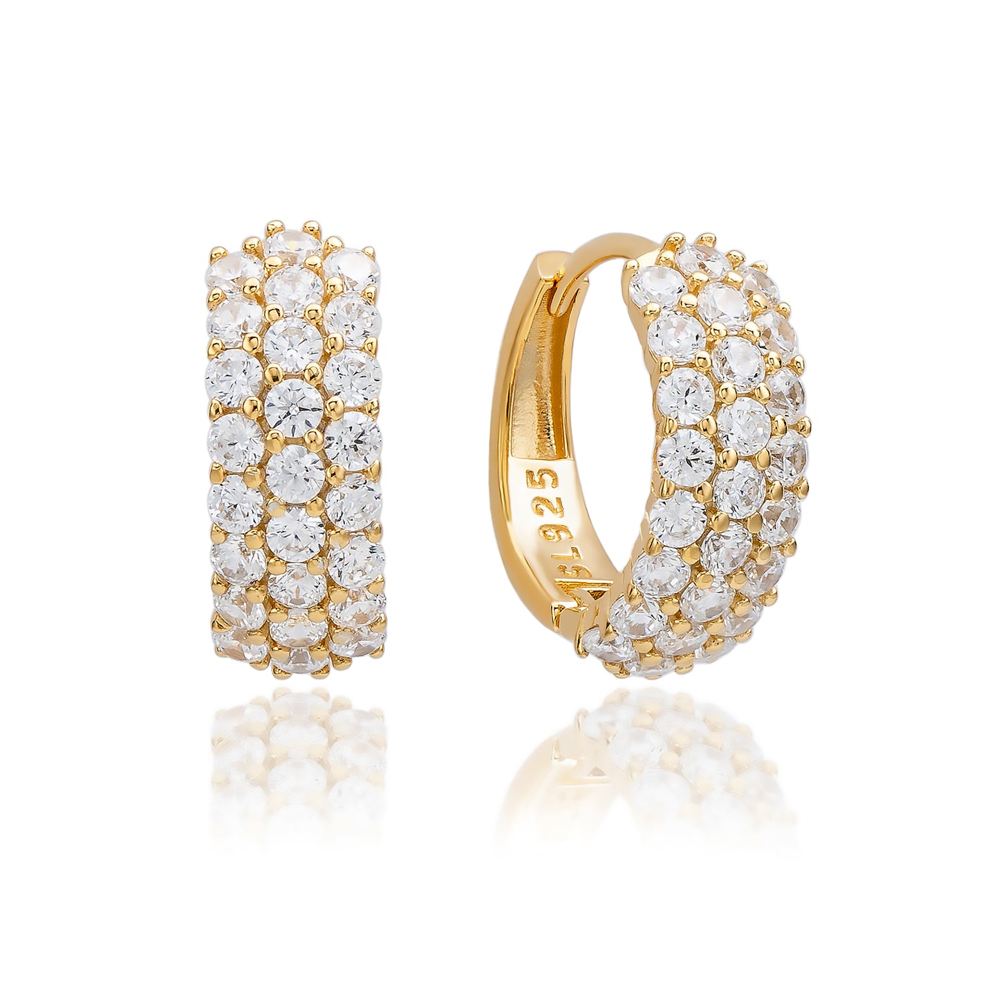 Suzy Levian Yellow Sterling Silver & White Cubic Zirconia Three Row Huggie Hoop Earrings