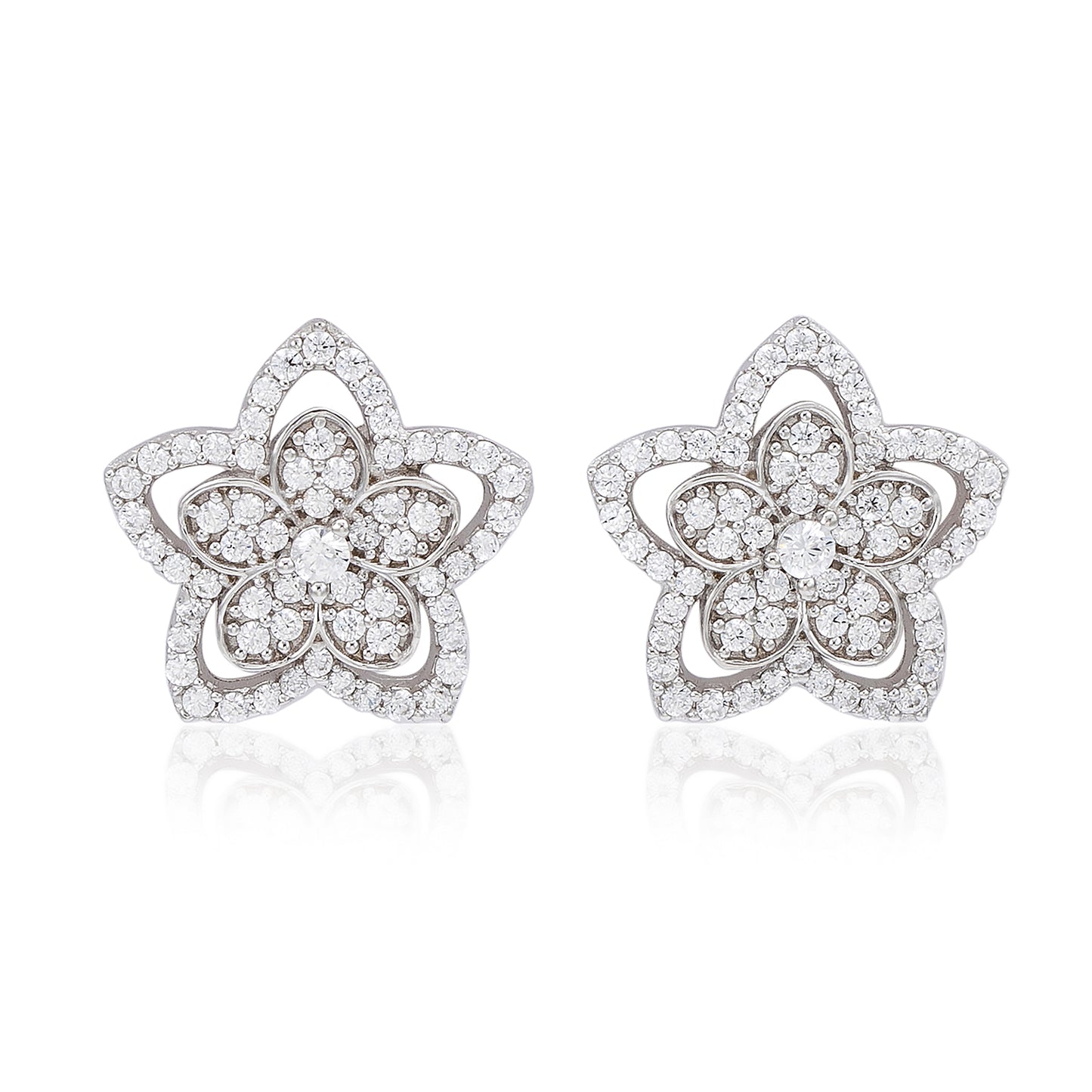 Suzy Levian Sterling Silver White Cubic Zirconia Pave Flower Stud Earrings