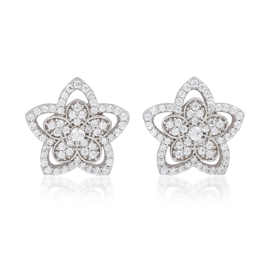Suzy Levian Sterling Silver White Cubic Zirconia Pave Flower Stud Earrings