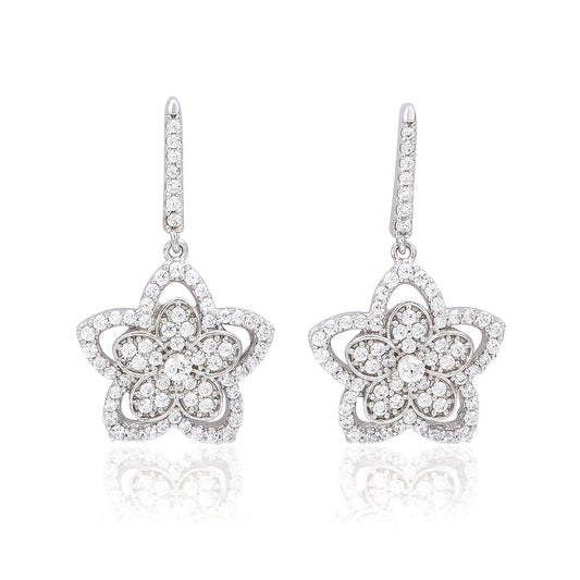 Suzy Levian Sterling Silver White Cubic Zirconia Pave Flower Drop Earrings