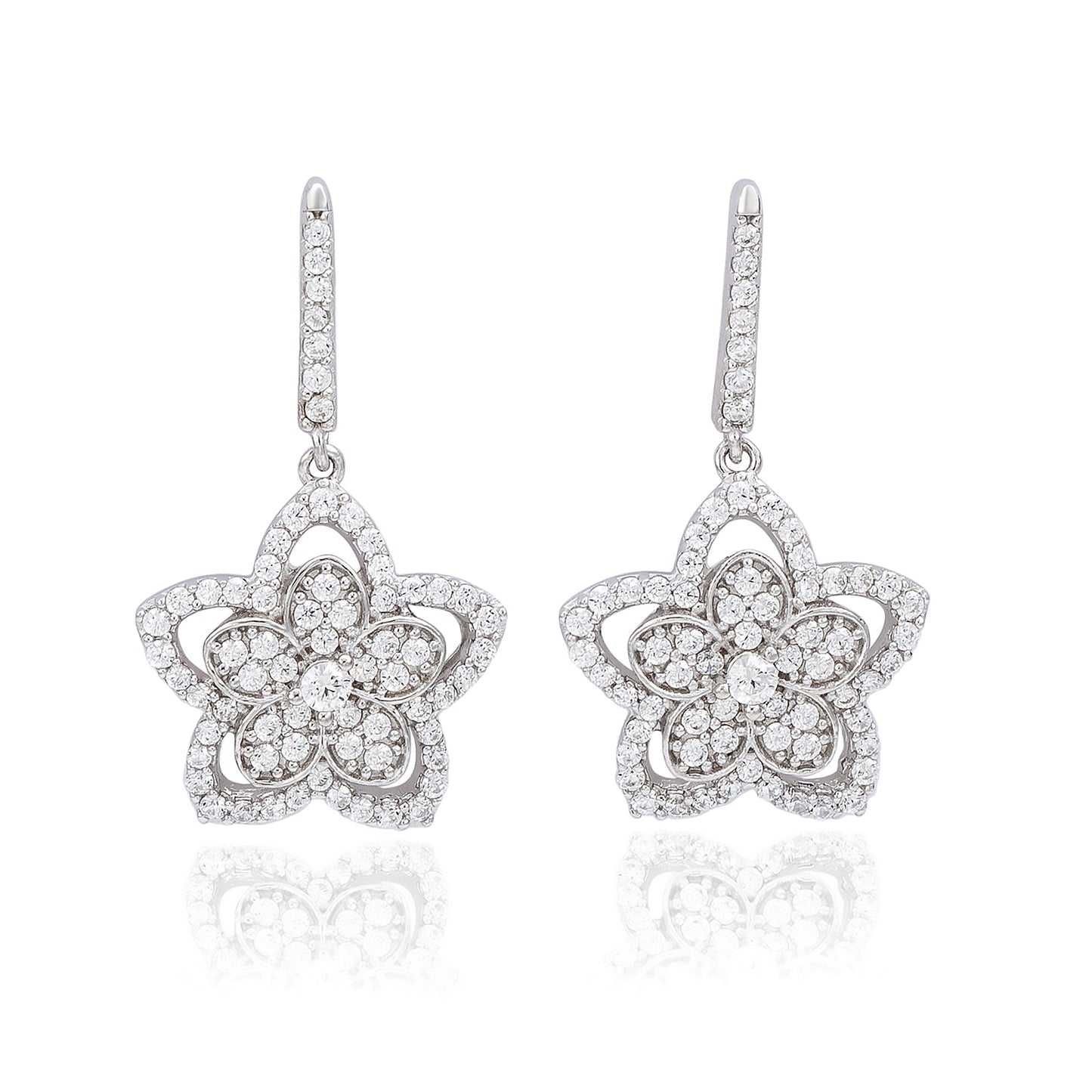 Suzy Levian Sterling Silver White Cubic Zirconia Pave Flower Drop Earrings