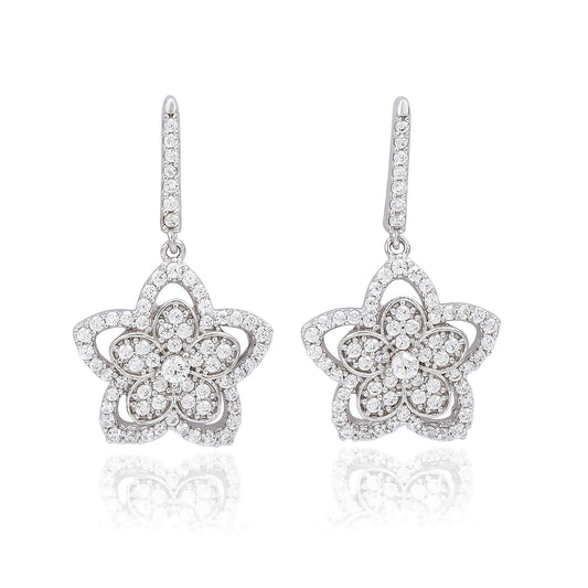 Suzy Levian Sterling Silver White Cubic Zirconia Pave Flower Drop Earrings