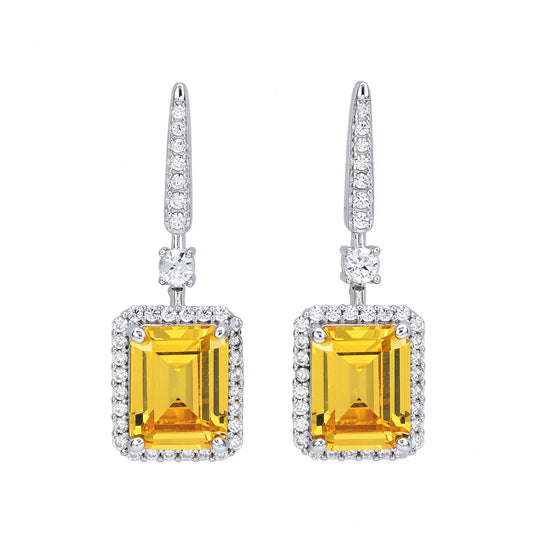 Suzy Levian Sterling Silver Emerald Cut Yellow CZ & White CZ Halo Drop Earrings