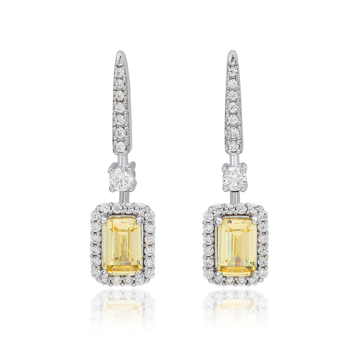 Suzy Levian Sterling Silver Emerald Cut Yellow CZ & White CZ Halo Drop Earrings
