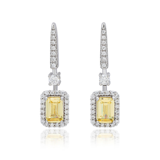 Suzy Levian Sterling Silver Emerald Cut Yellow CZ & White CZ Halo Drop Earrings