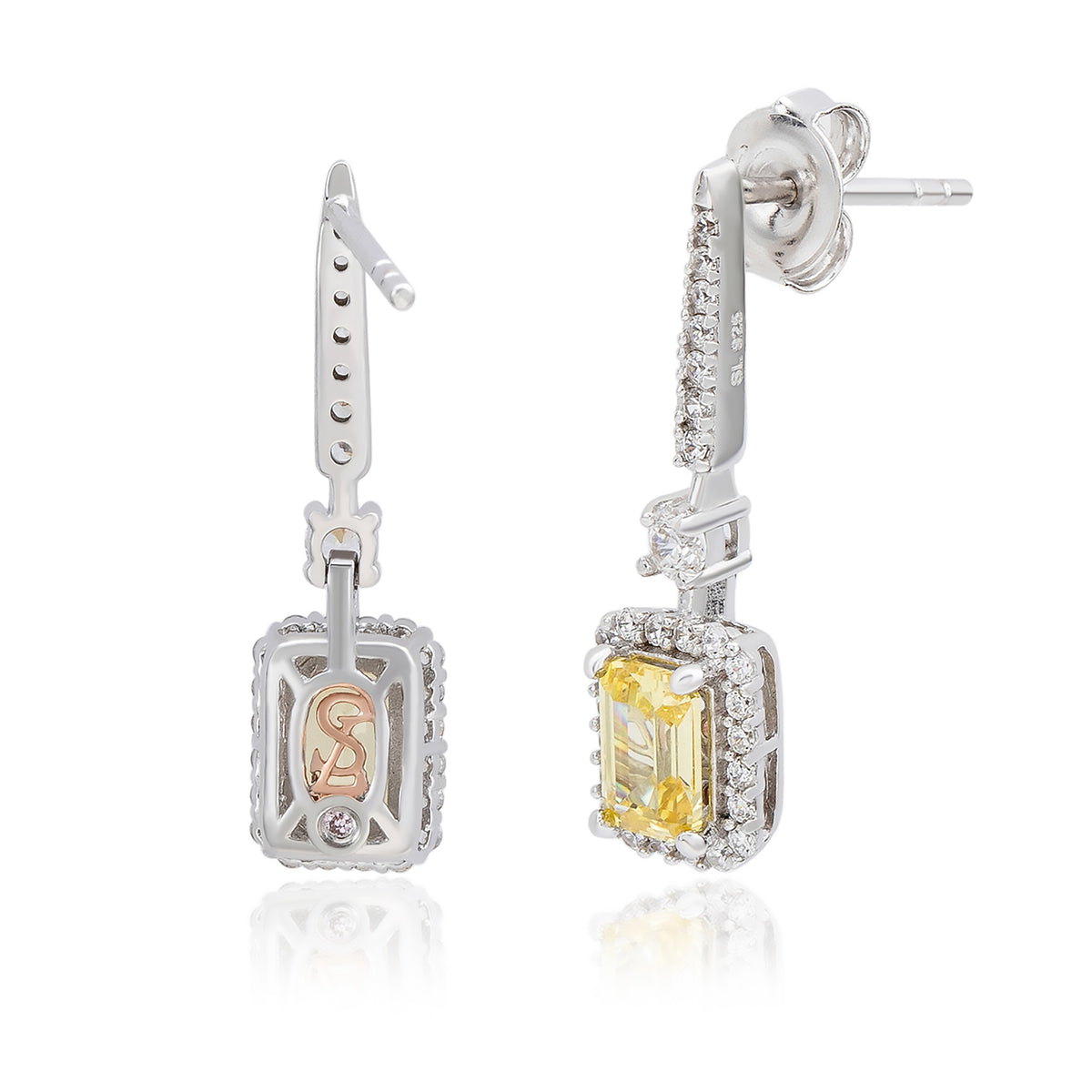 Suzy Levian Sterling Silver Emerald Cut Yellow CZ & White CZ Halo Drop Earrings