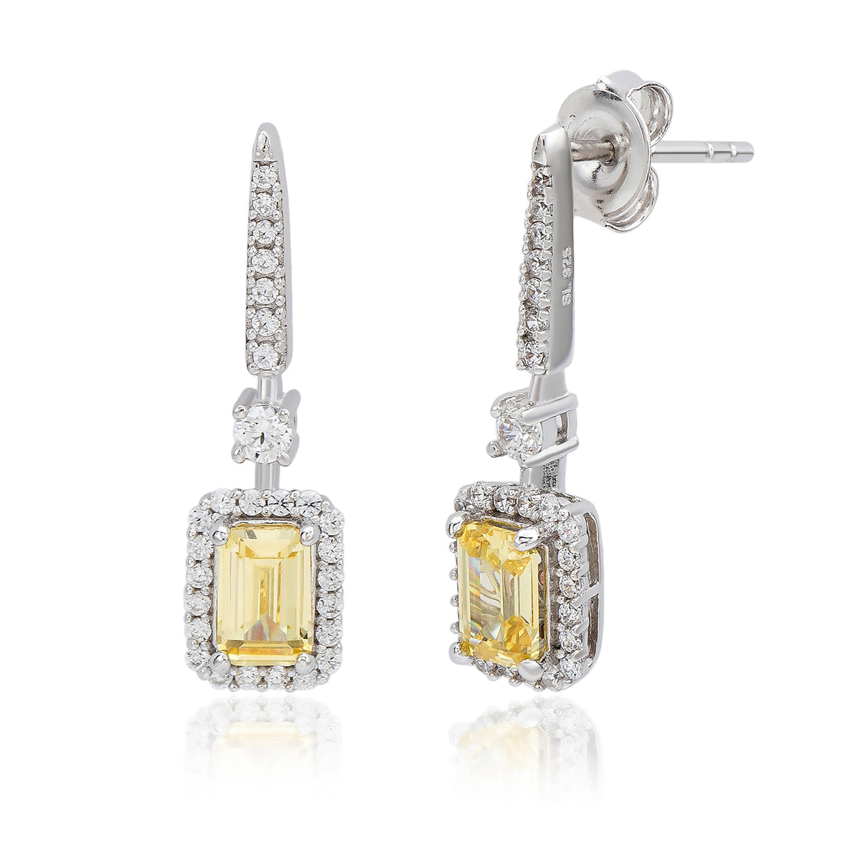 Suzy Levian Sterling Silver Emerald Cut Yellow CZ & White CZ Halo Drop Earrings