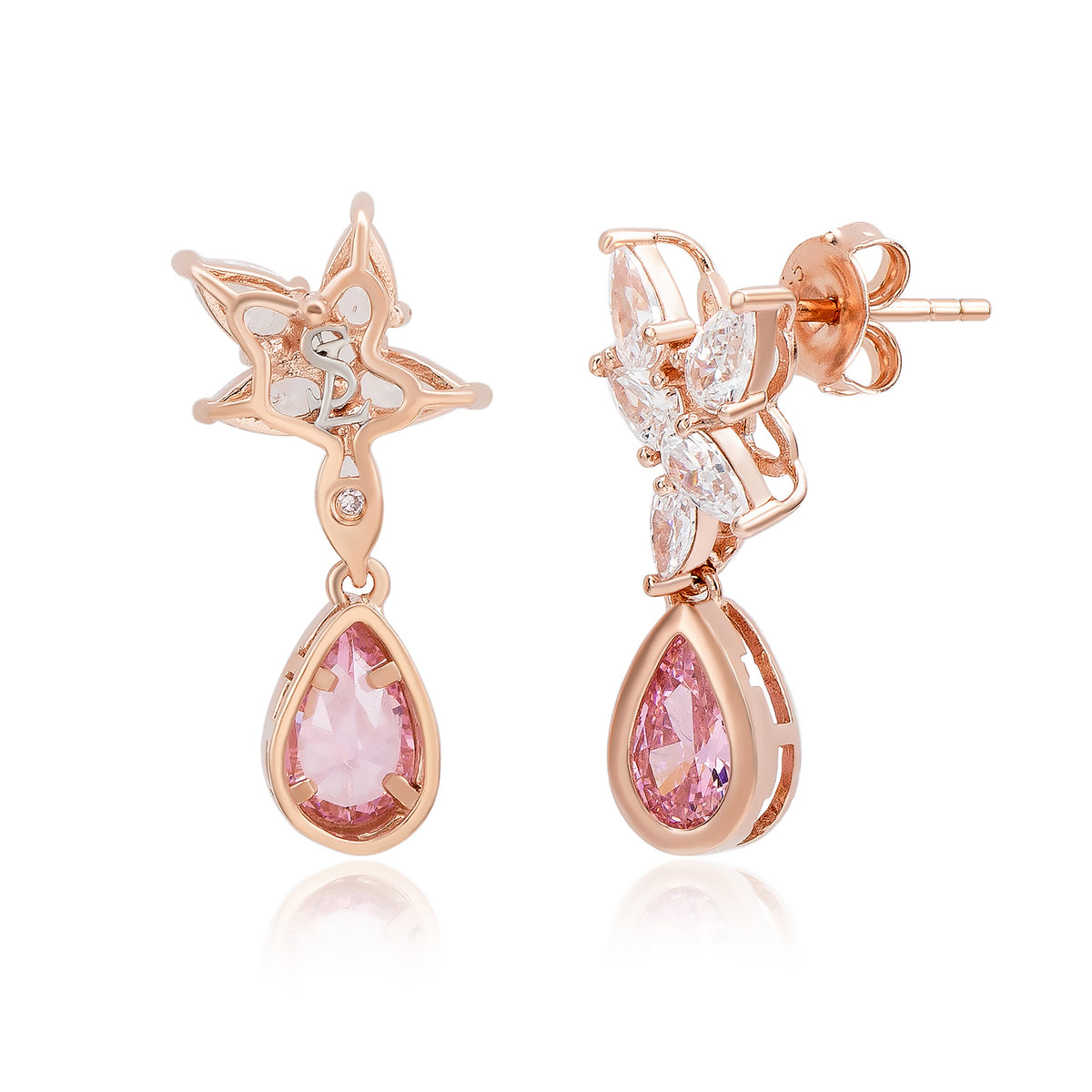 Suzy Levian Sterling Silver Pink Pear Shape & White Cubic Zirconia Drop Earrings