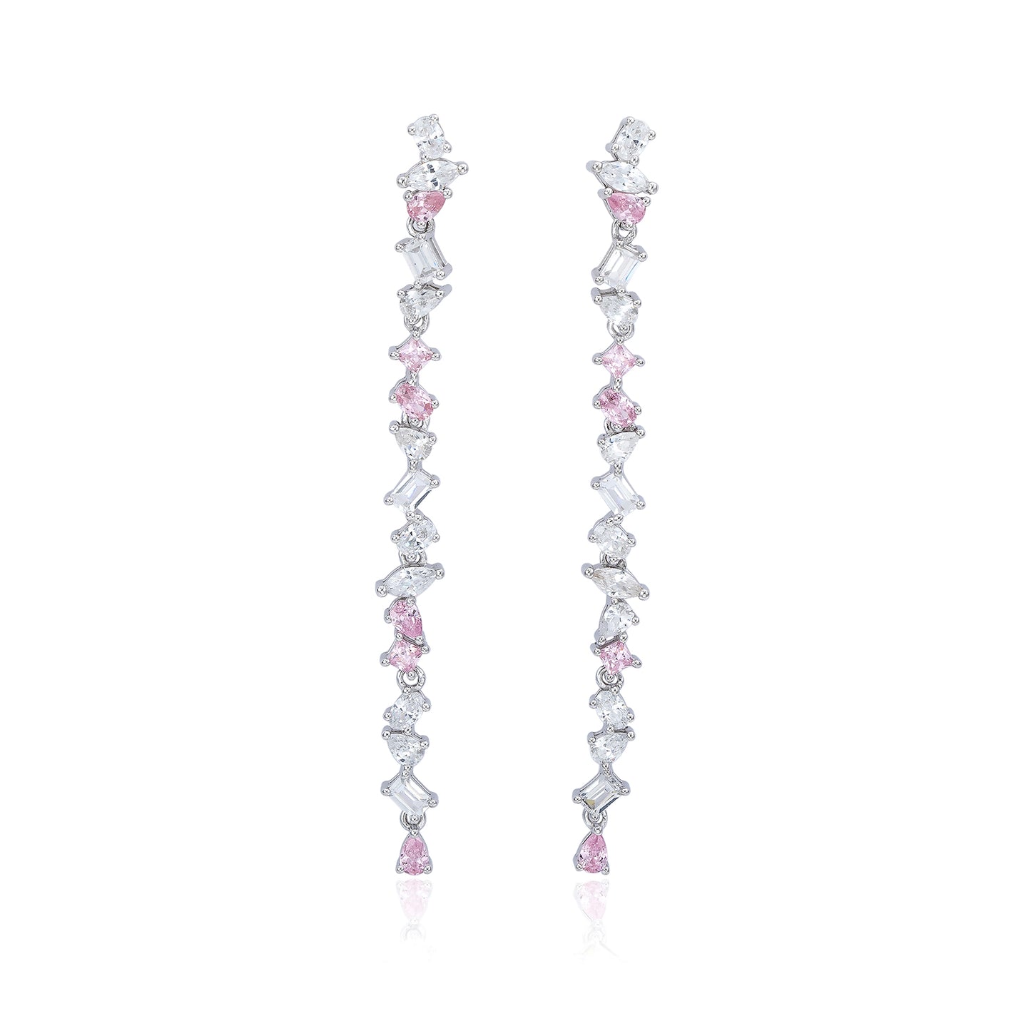 Suzy Levian Sterling Silver Pink & White Cubic Zirconia Cluster Long Dangle Earrings