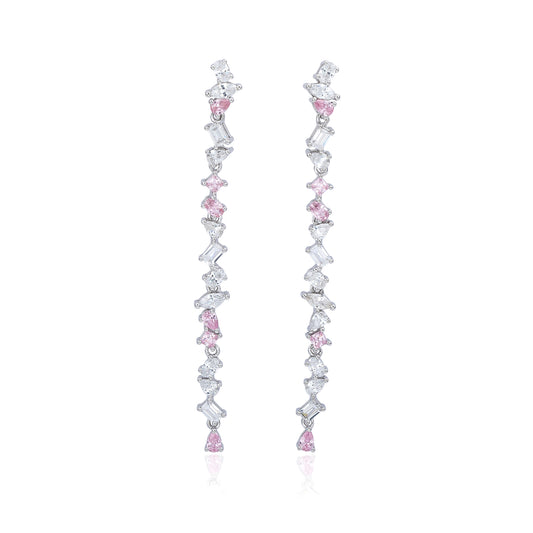 Suzy Levian Sterling Silver Pink & White Cubic Zirconia Cluster Long Dangle Earrings