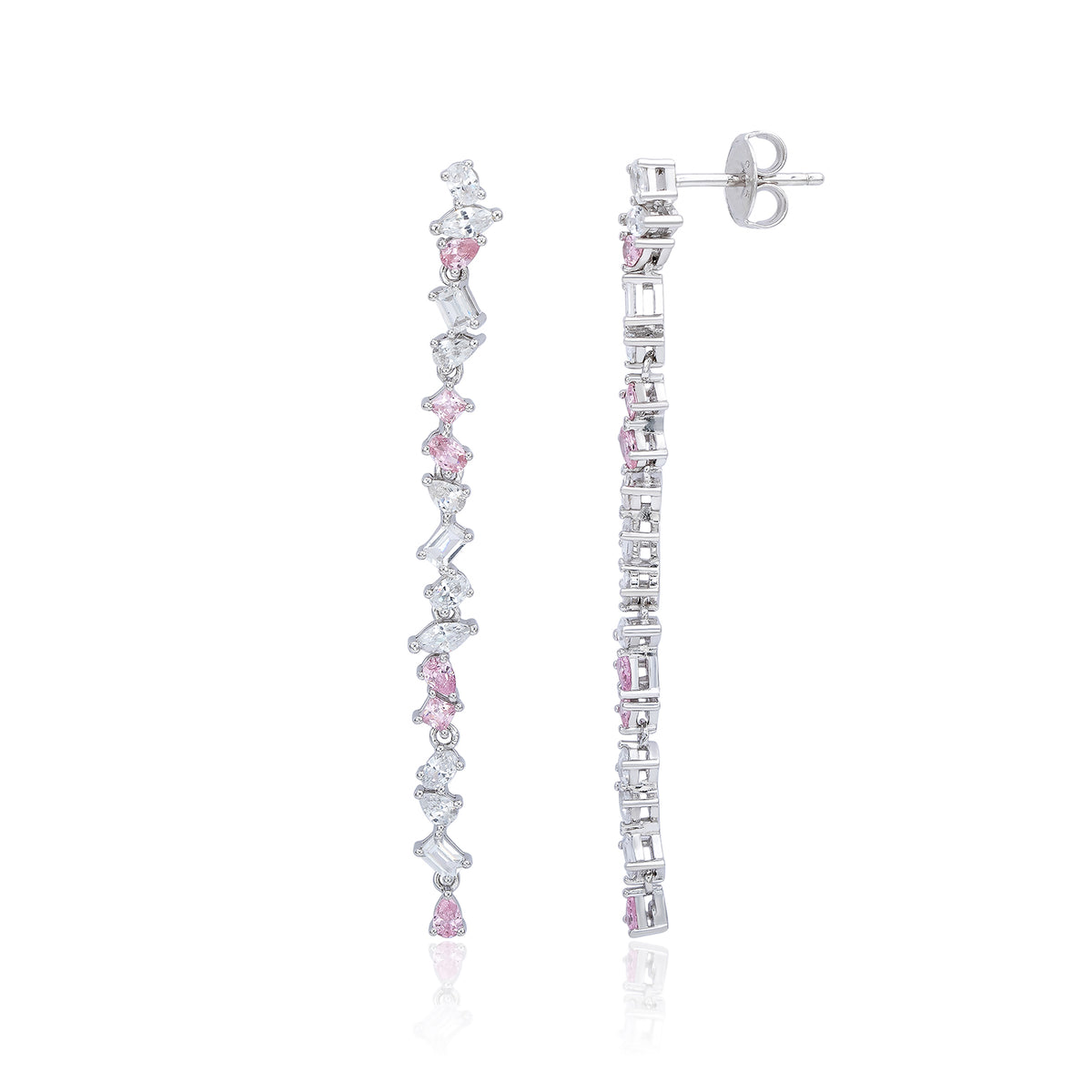 Suzy Levian Sterling Silver Pink & White Cubic Zirconia Cluster Long Dangle Earrings