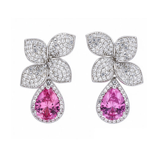 Suzy Levian Sterling Silver Pink Sapphire Pear Shape Flower Dangling Earrings