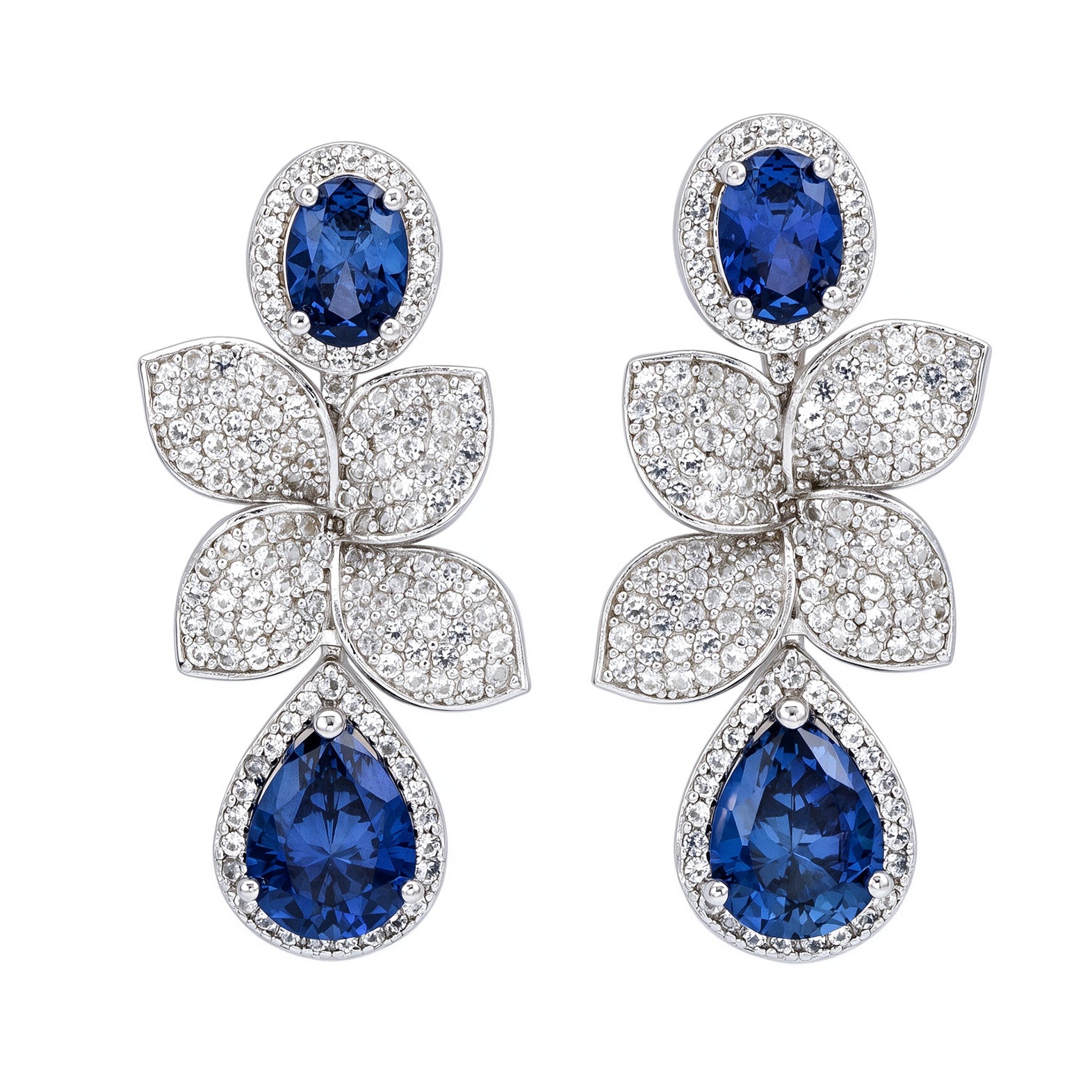 Suzy Levian Sterling Silver Blue Sapphire Oval & Pear Shape Flower Dan ...