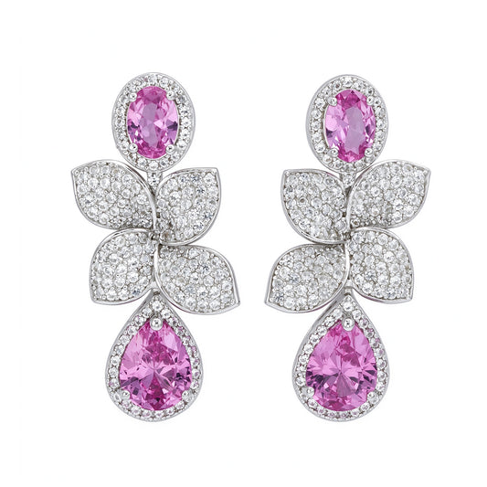Suzy Levian Sterling Silver Pink Sapphire Oval & Pear Shape Flower Dangling Earrings