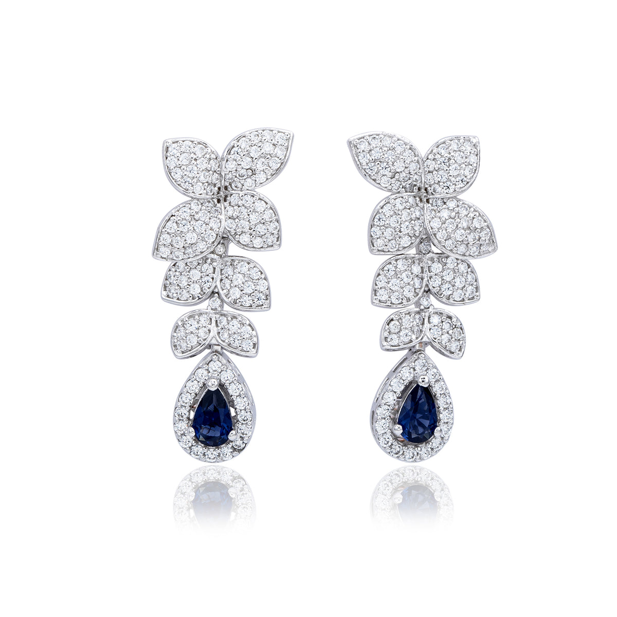 Suzy Levian Sterling Silver Blue and White Cubic Zirconia Pear Shapes Flower Drop Earrings