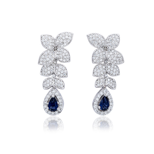 Suzy Levian Sterling Silver Blue and White Cubic Zirconia Pear Shapes Flower Drop Earrings