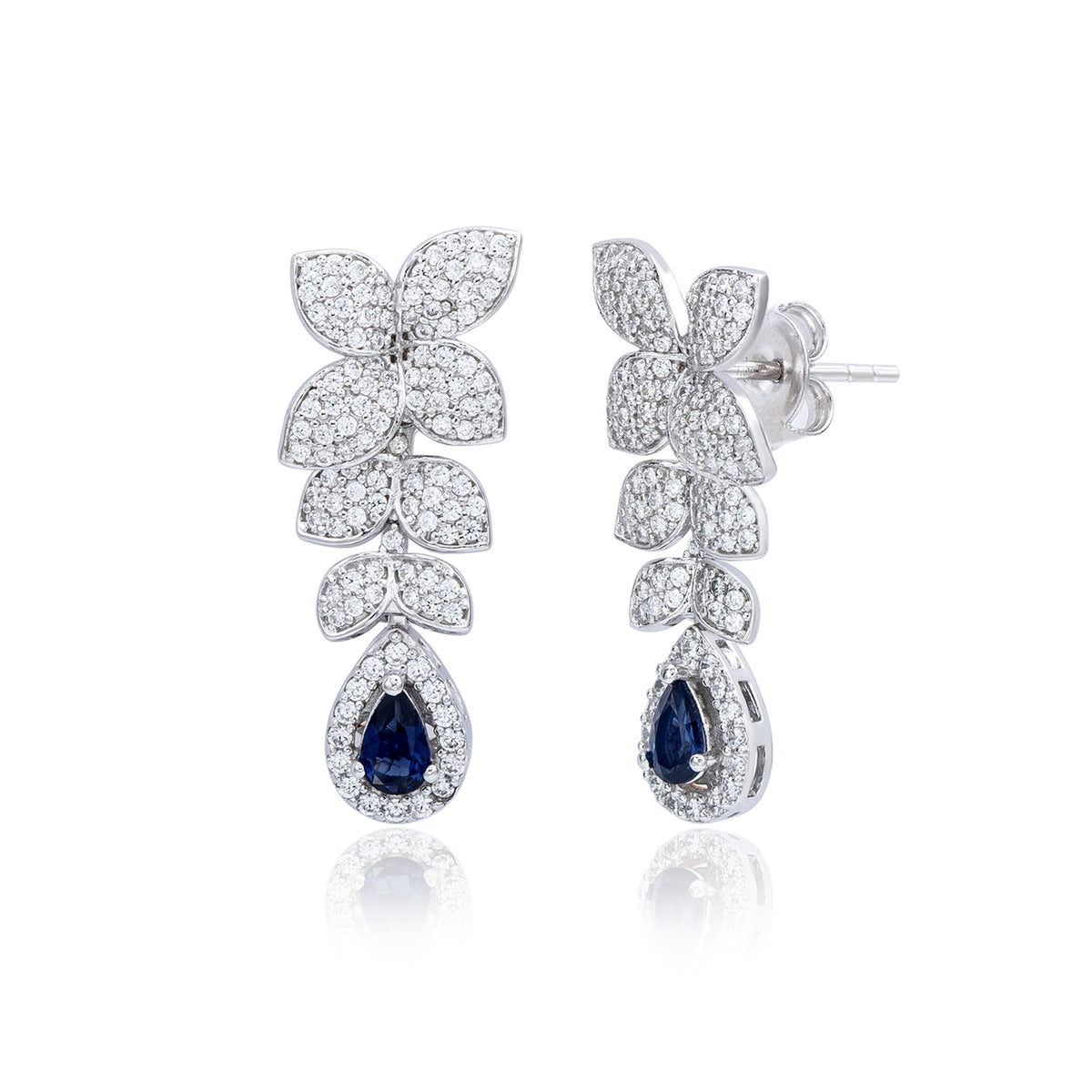 Suzy Levian Sterling Silver Blue and White Cubic Zirconia Pear Shapes Flower Drop Earrings