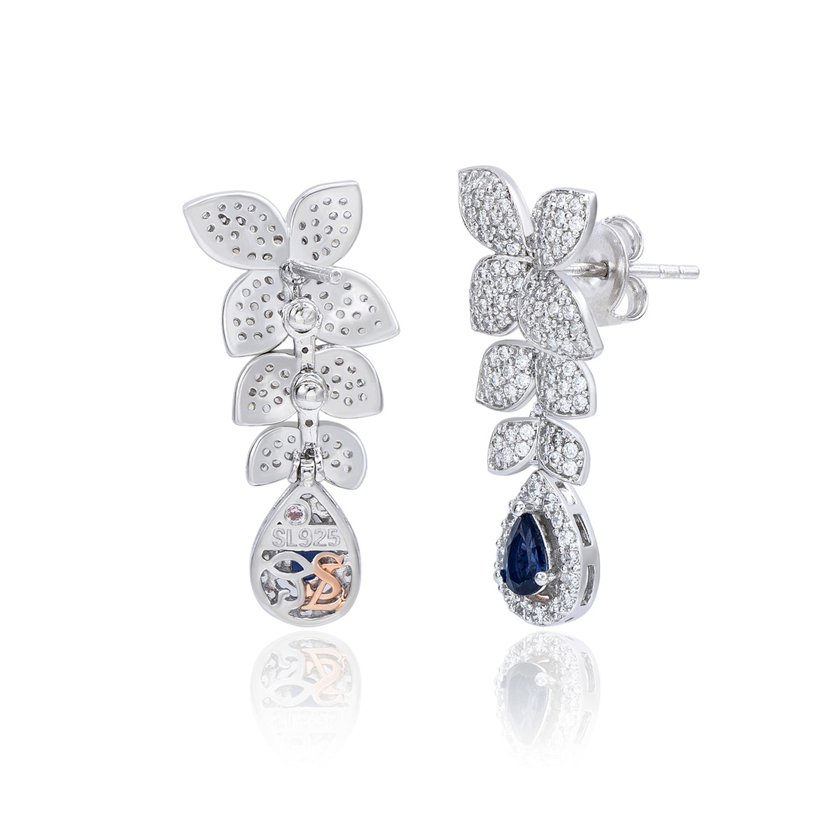 Suzy Levian Sterling Silver Blue and White Cubic Zirconia Pear Shapes Flower Drop Earrings