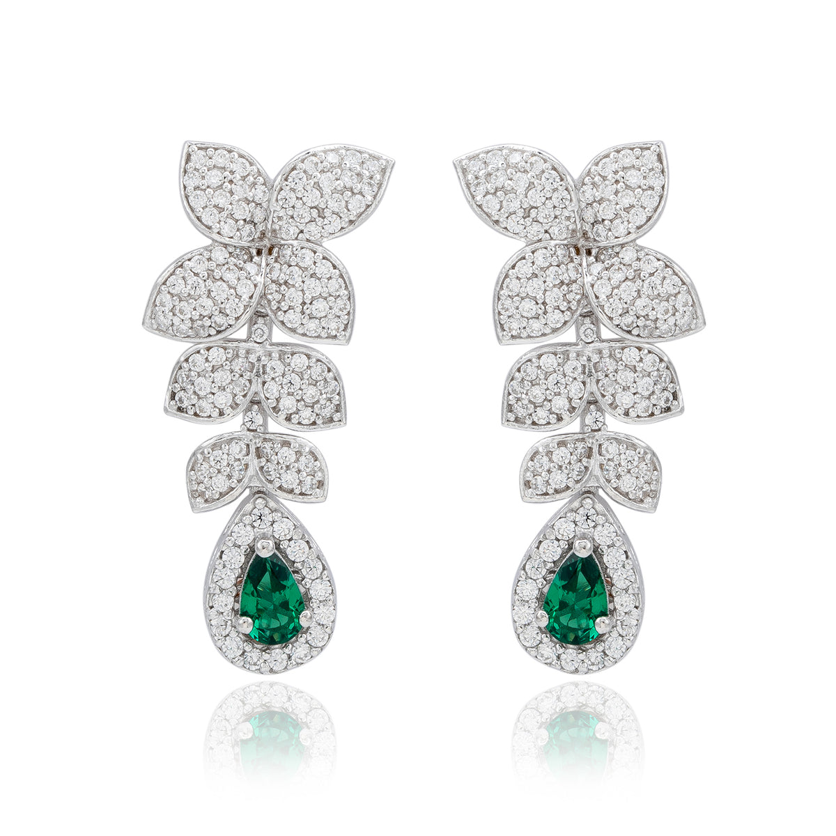 Suzy Levian Sterling Silver Green and White Cubic Zirconia Pear Shapes Flower Drop Earrings