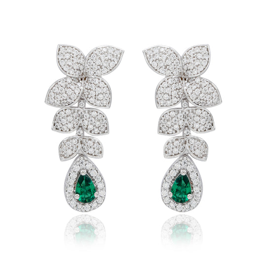 Suzy Levian Sterling Silver Green and White Cubic Zirconia Pear Shapes Flower Drop Earrings