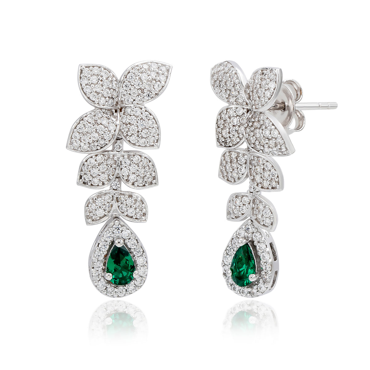 Suzy Levian Sterling Silver Green and White Cubic Zirconia Pear Shapes Flower Drop Earrings
