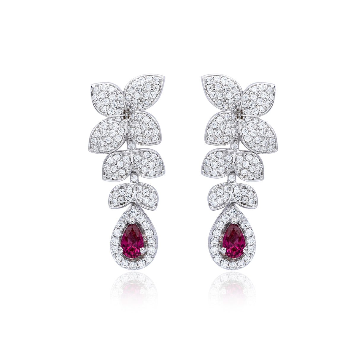 Suzy Levian Sterling Silver Red and White Cubic Zirconia Pear Shapes Flower Drop Earrings