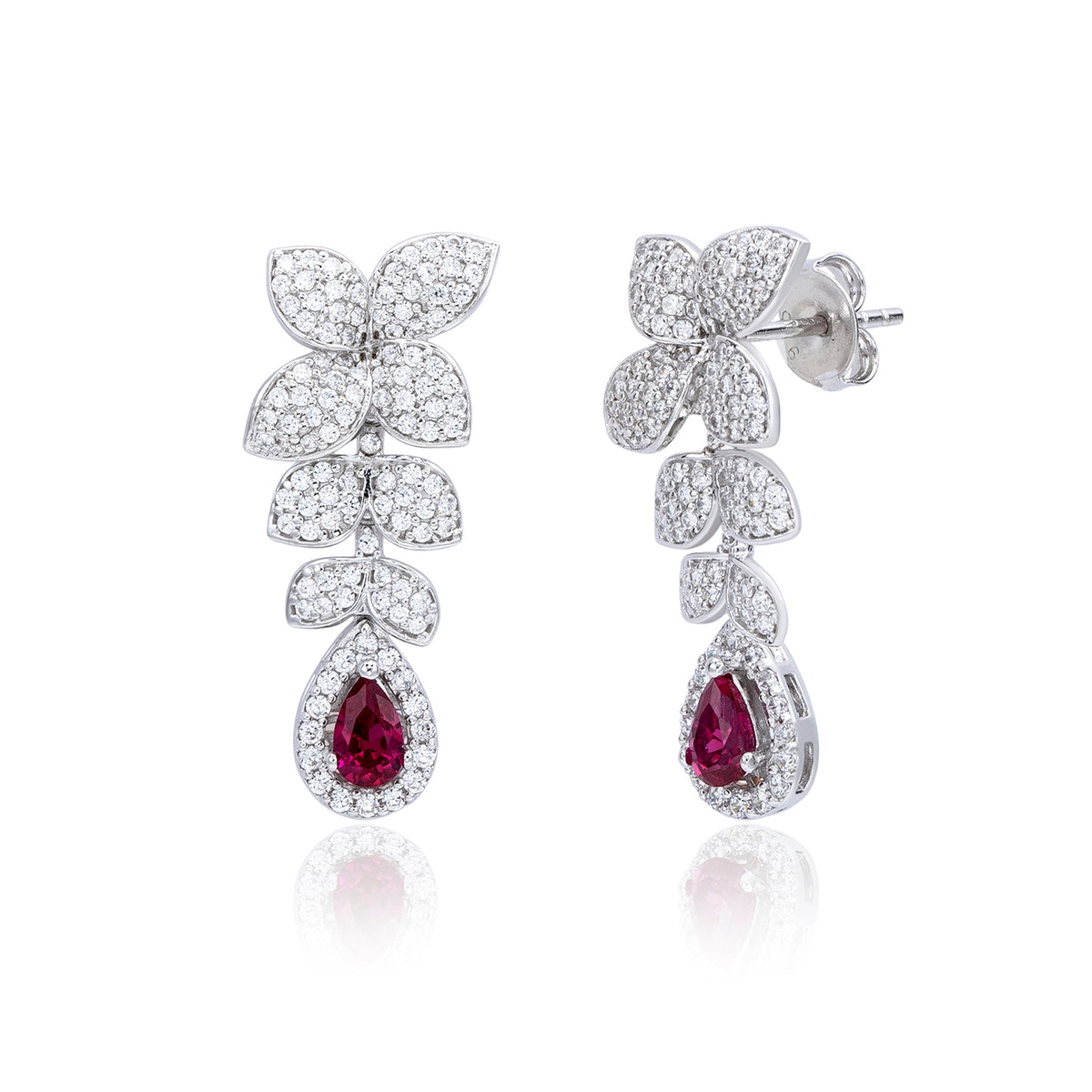 Suzy Levian Sterling Silver Red and White Cubic Zirconia Pear Shapes Flower Drop Earrings
