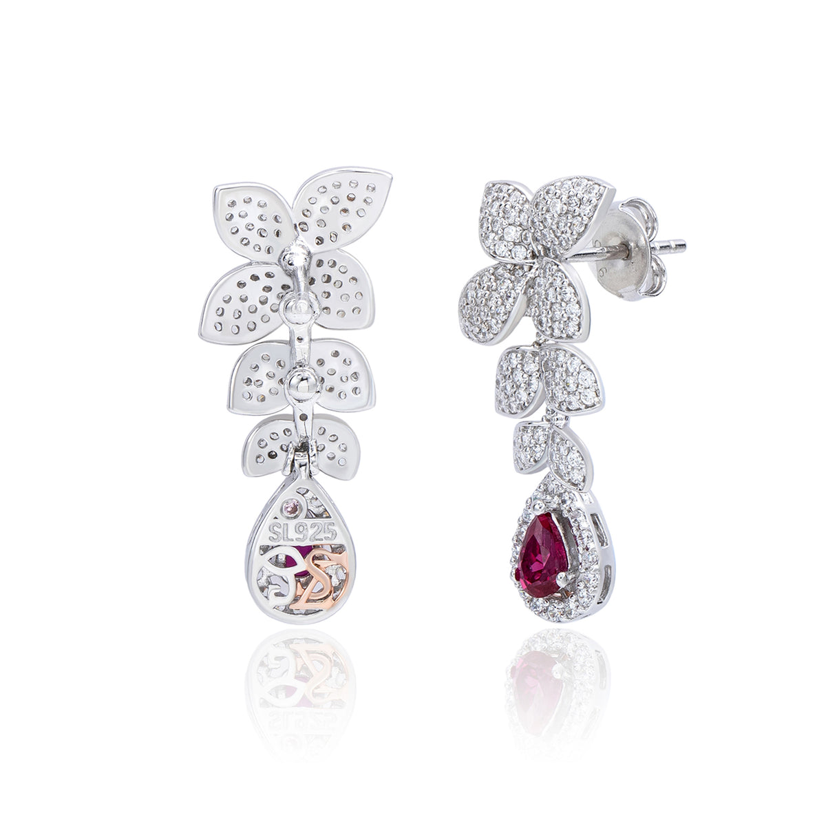 Suzy Levian Sterling Silver Red and White Cubic Zirconia Pear Shapes Flower Drop Earrings