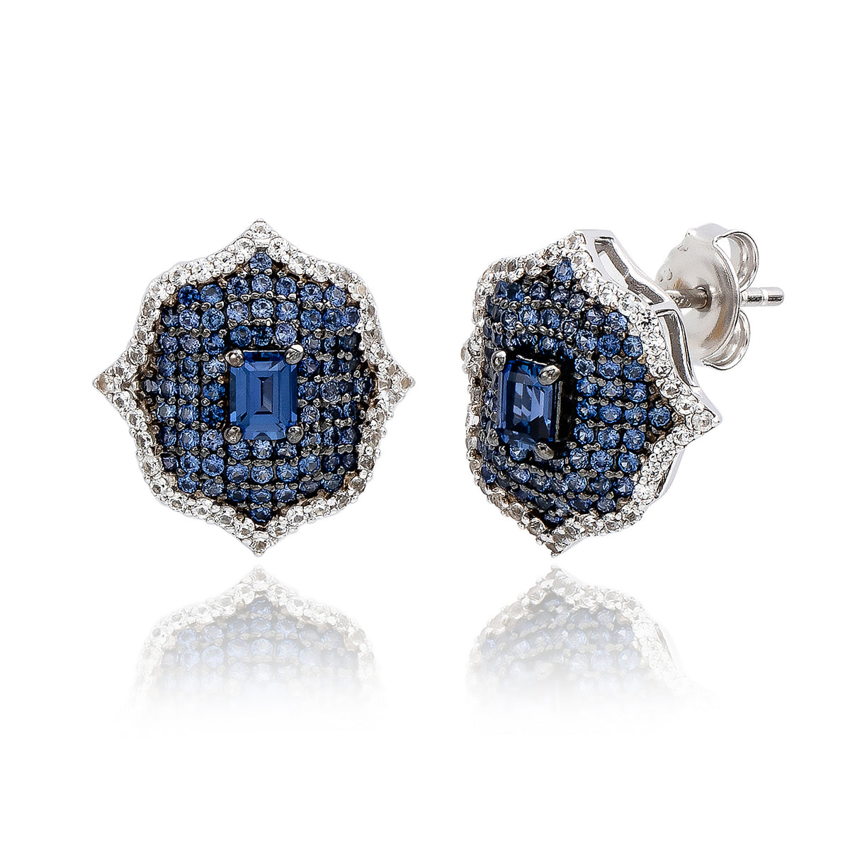 Suzy Levian Sterling Silver Blue Sapphire & Created White Sapphire Medallion Earrings