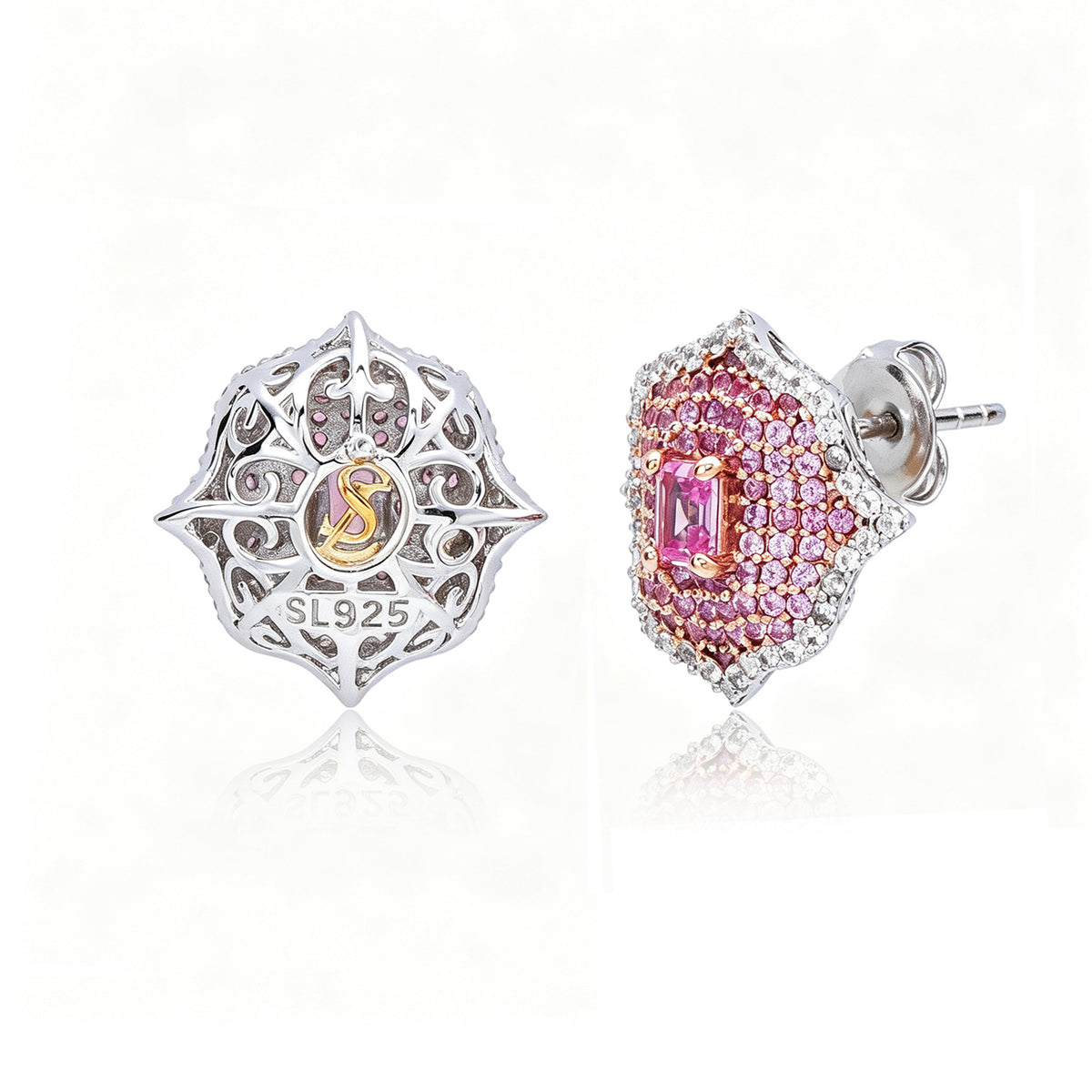 Suzy Levian Sterling Silver Pink Sapphire & Created White Sapphire Medallion Earrings