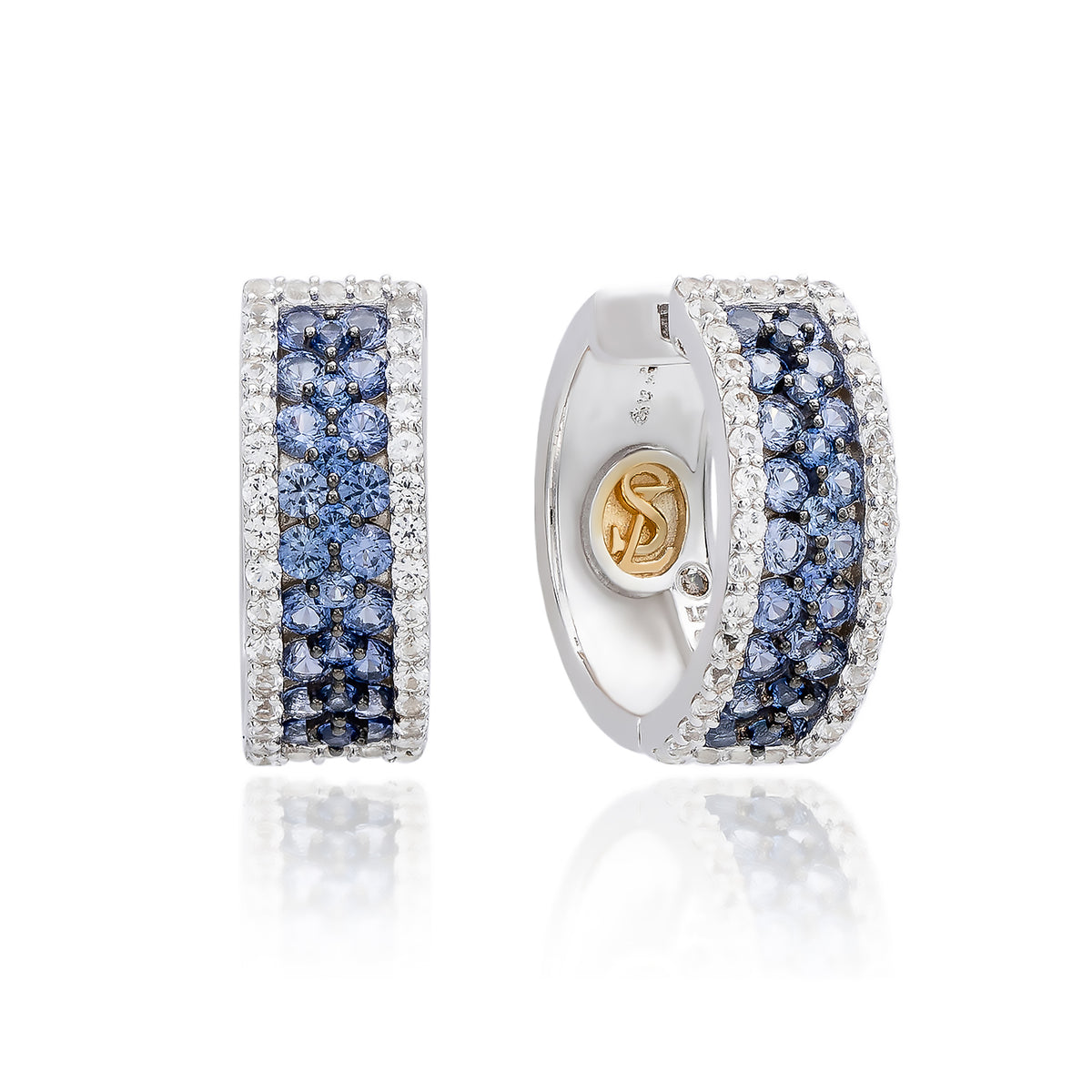 Suzy Levian Sterling Silver Pave Blue Sapphire Created White Sapphire Huggie Hoop Earrings