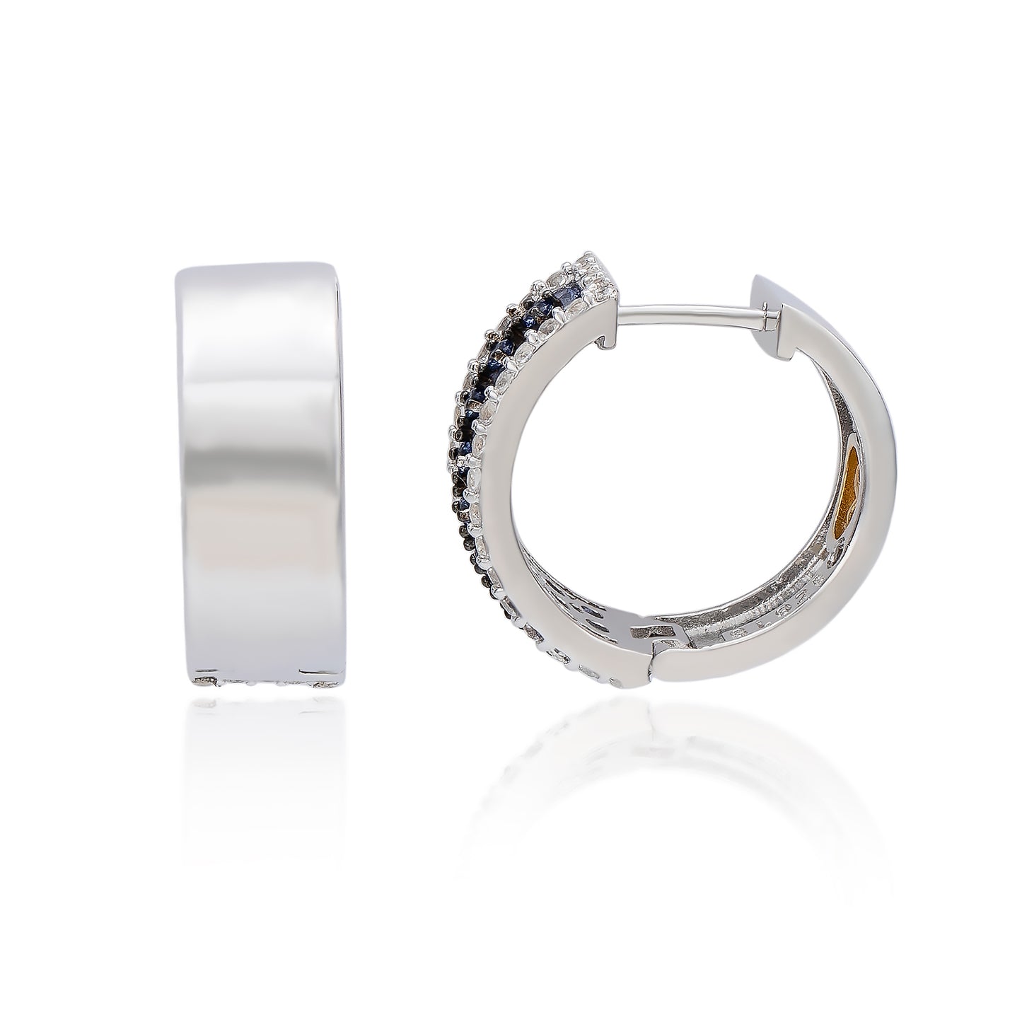 Suzy Levian Sterling Silver Pave Blue Sapphire Created White Sapphire Huggie Hoop Earrings