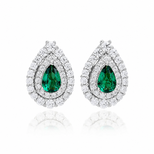 Suzy Levian Sterling Silver Pear Shape Green & White Cubic Zirconia Earrings