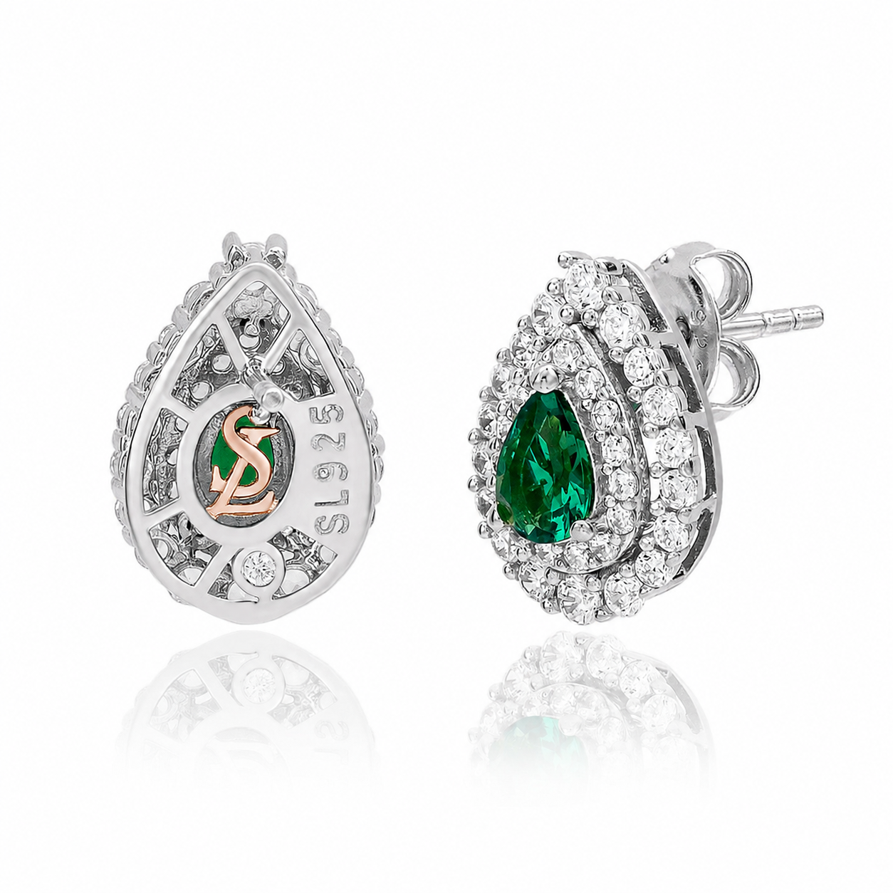 Suzy Levian Sterling Silver Pear Shape Green & White Cubic Zirconia Earrings