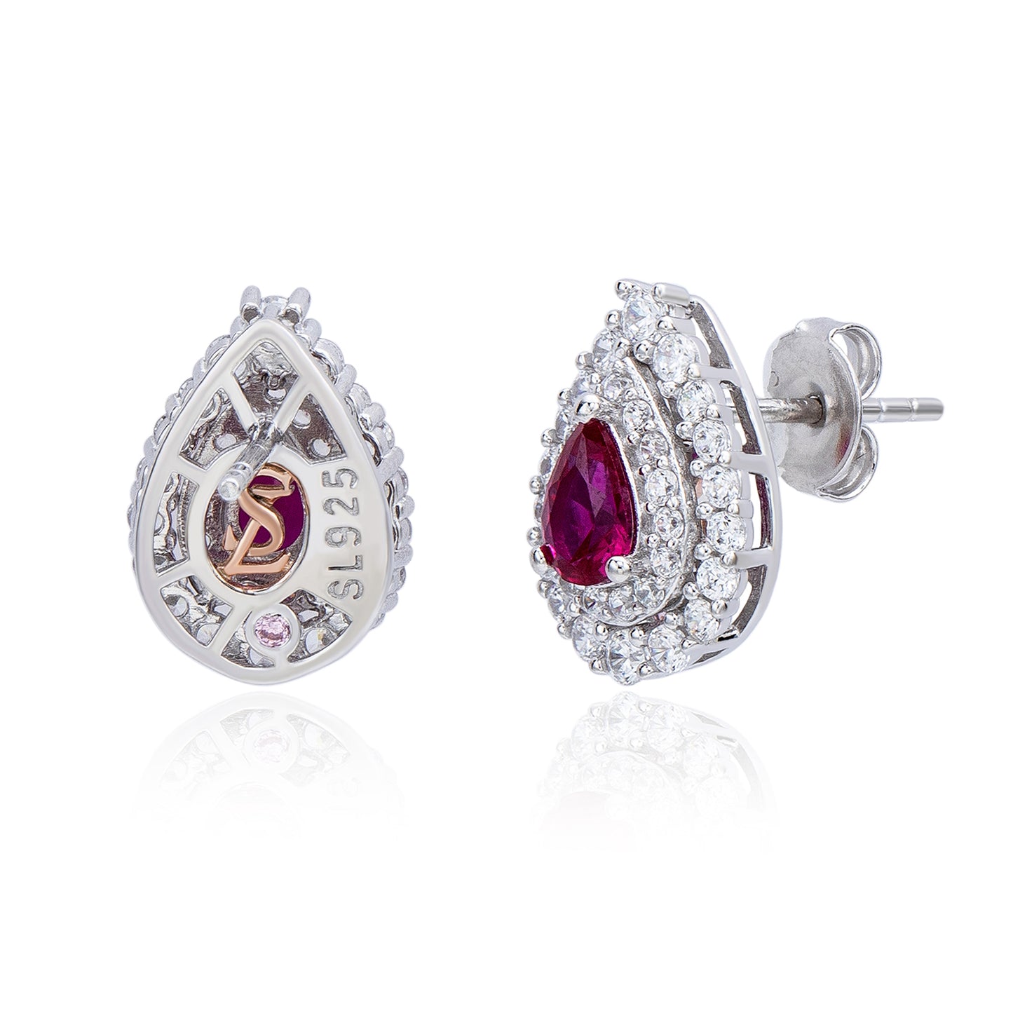 Suzy Levian Sterling Silver Pear Shape Red & White Cubic Zirconia Earrings