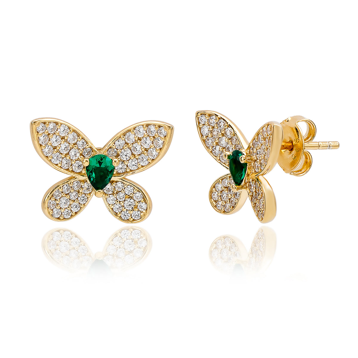 Suzy Levian Yellow Sterling Silver Green & White Cubic Zirconia Pave Butterfly Earrings