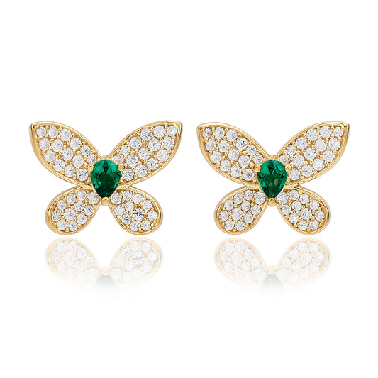 Suzy Levian Yellow Sterling Silver Green & White Cubic Zirconia Pave Butterfly Earrings