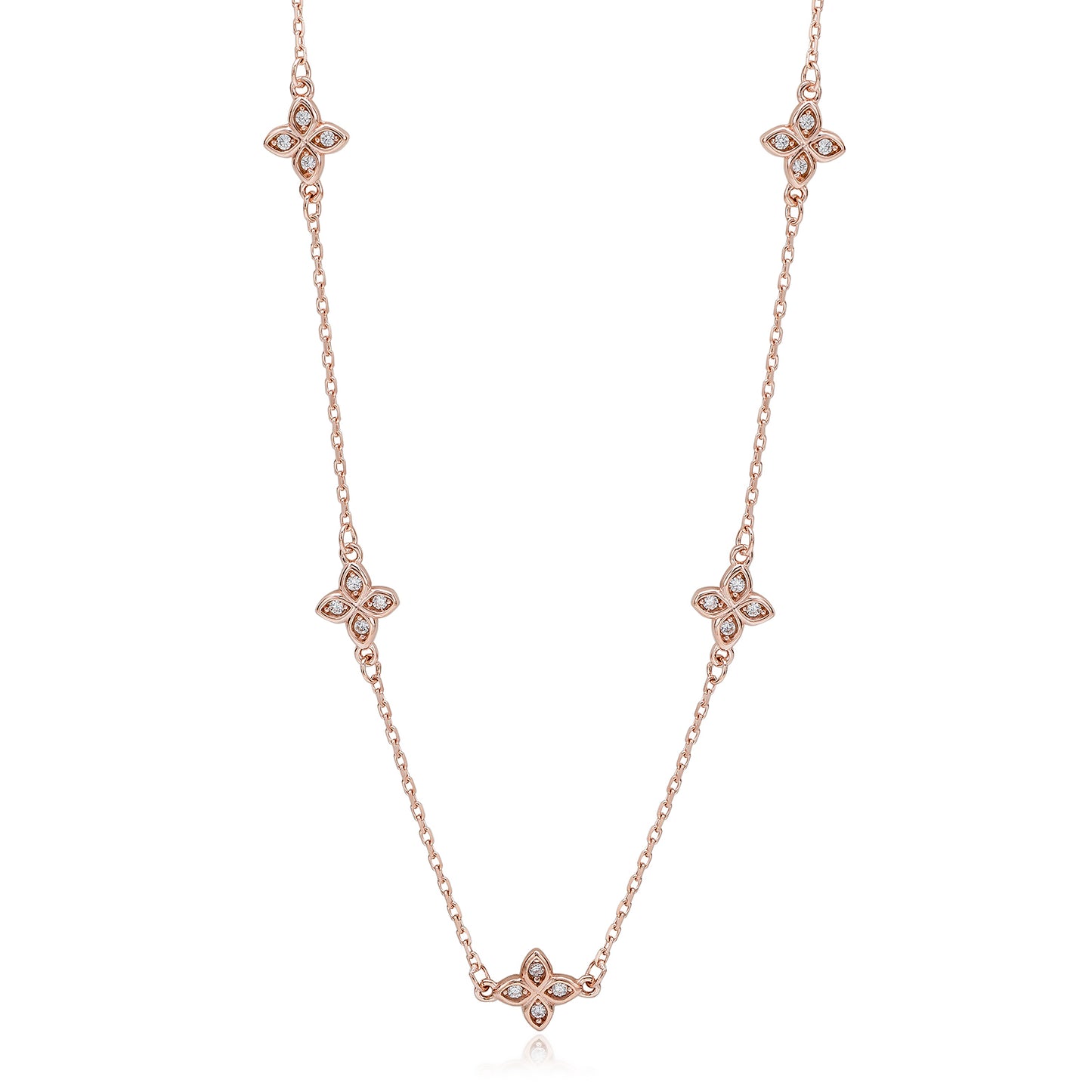 Suzy Levian Rose Sterling Silver White Cubic Zirconia Flower Station Necklace
