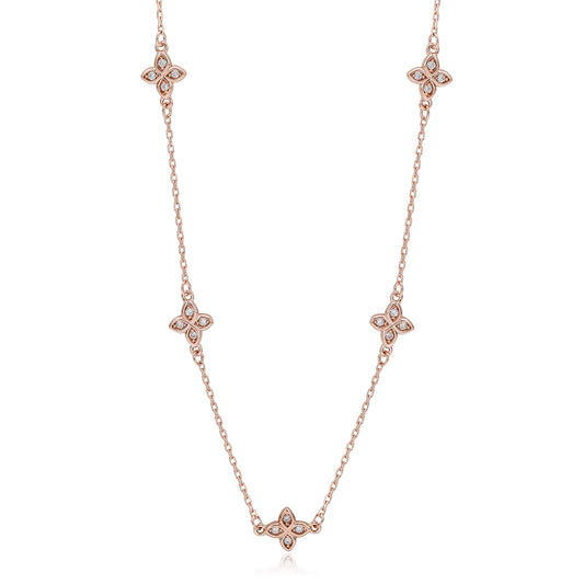 Suzy Levian Rose Sterling Silver White Cubic Zirconia Flower Station Necklace