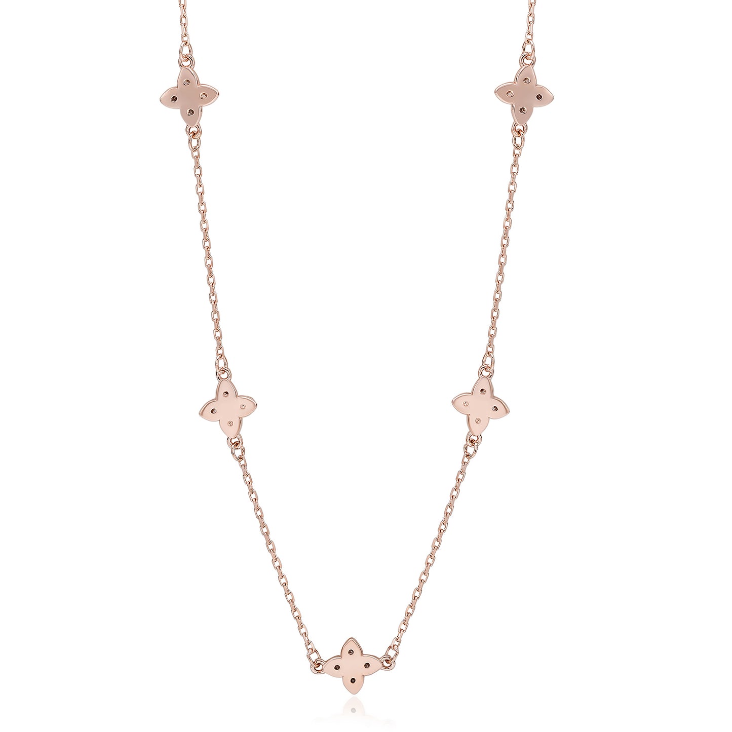 Suzy Levian Rose Sterling Silver White Cubic Zirconia Flower Station Necklace